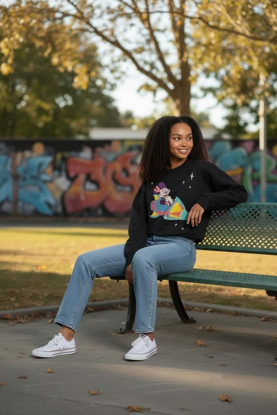 Disney Minnie Mouse Space Rocket Sweatshirt Black Graphic Pullover L